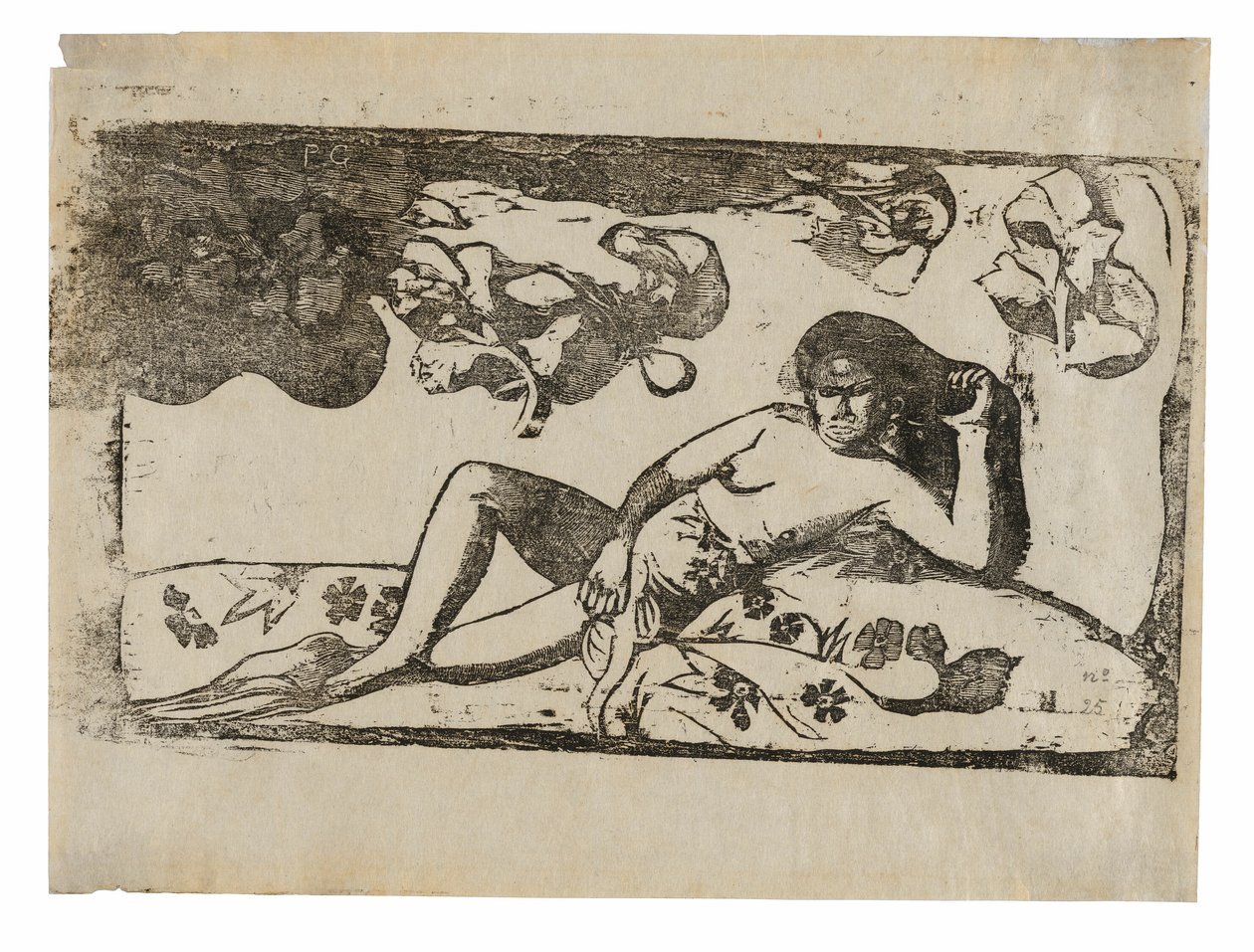 Te arii vahine-opoi (Mulher com mangas cansadas), da série de gravuras tardias em bloco de madeira de Paul Gauguin