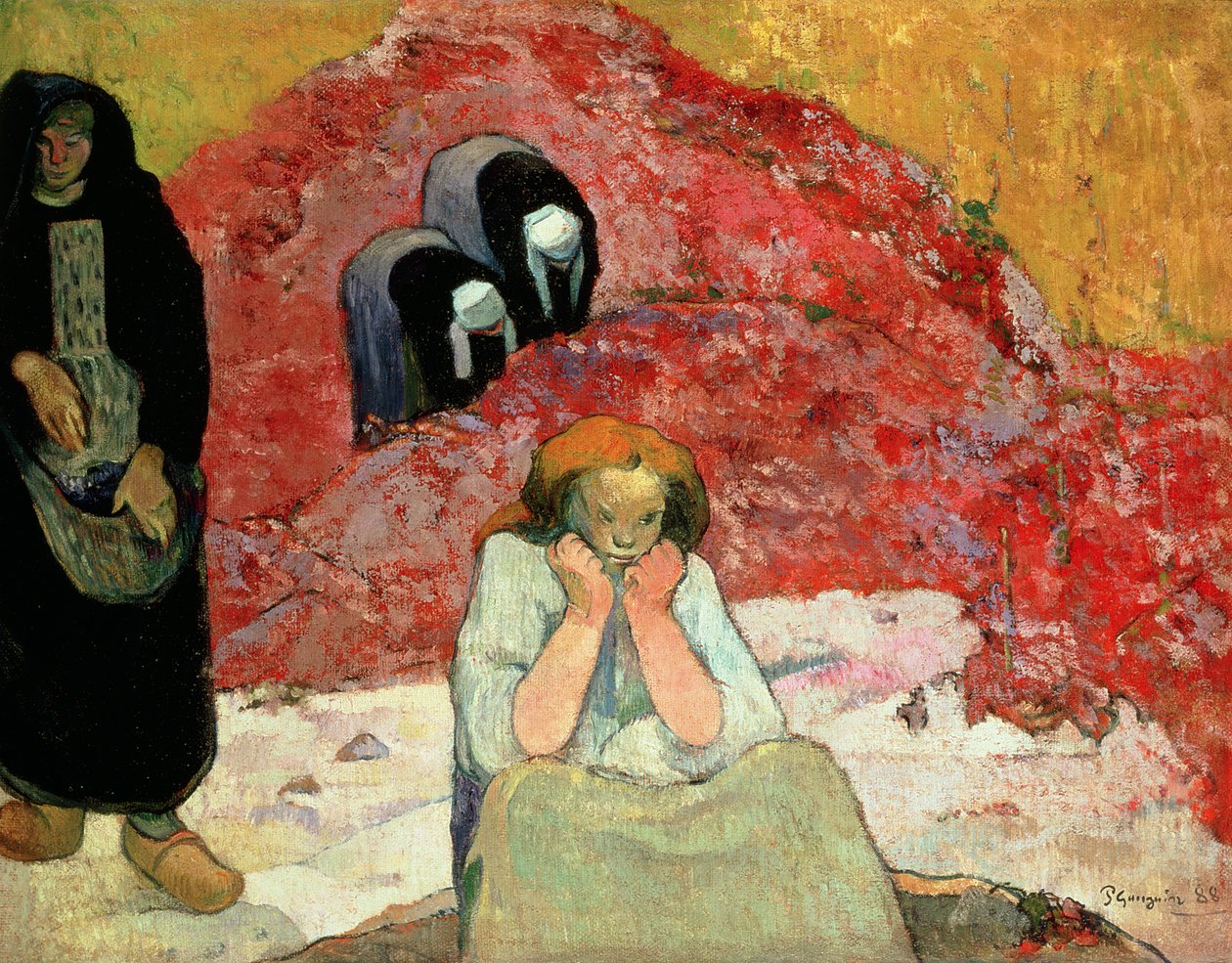 A colheita da uva em Arles. &39;Miseres Humaines&39;, 1888 (óleo sobre pano de saco de juta) de Paul Gauguin
