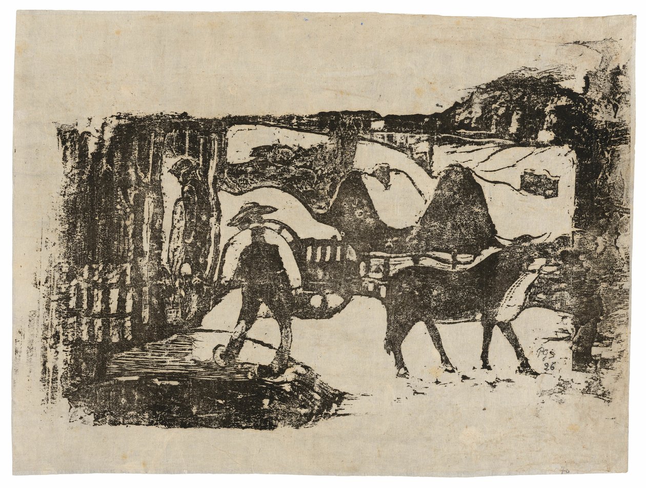 O carro de boi, do conjunto de gravuras tardias em bloco de madeira de Paul Gauguin