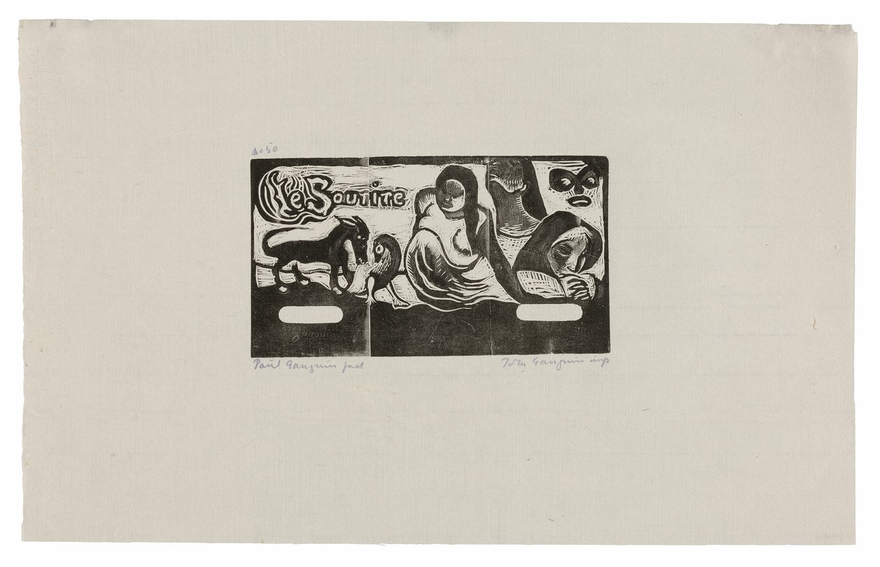 Três pessoas, uma máscara, uma raposa e um pássaro, headpiece para Le sourire de Paul Gauguin