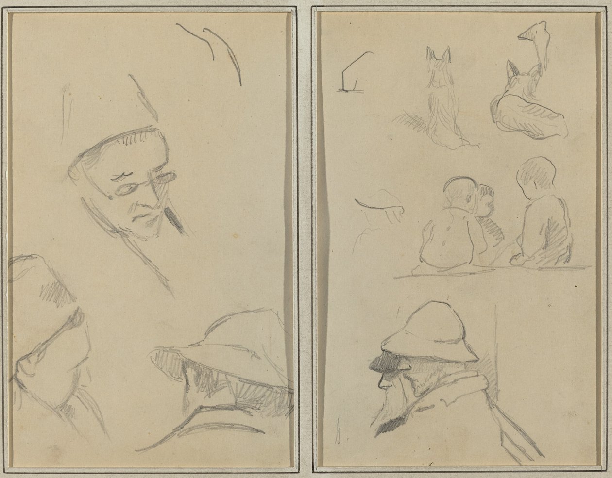 Três estudos de cabeças de homens, um com óculos; Cães, crianças e dois homens barbudos em perfil [verso] de Paul Gauguin