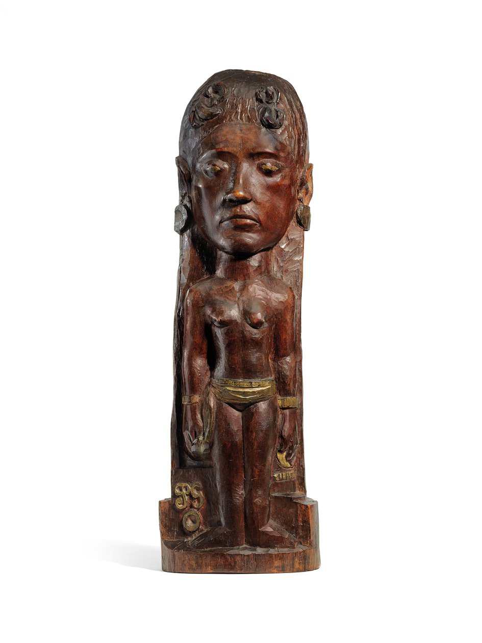 Thérèse, c.1902-3 (madeira de miró entalhada, douradura e pregos de cobre) (ver também 2835560-2) de Paul Gauguin