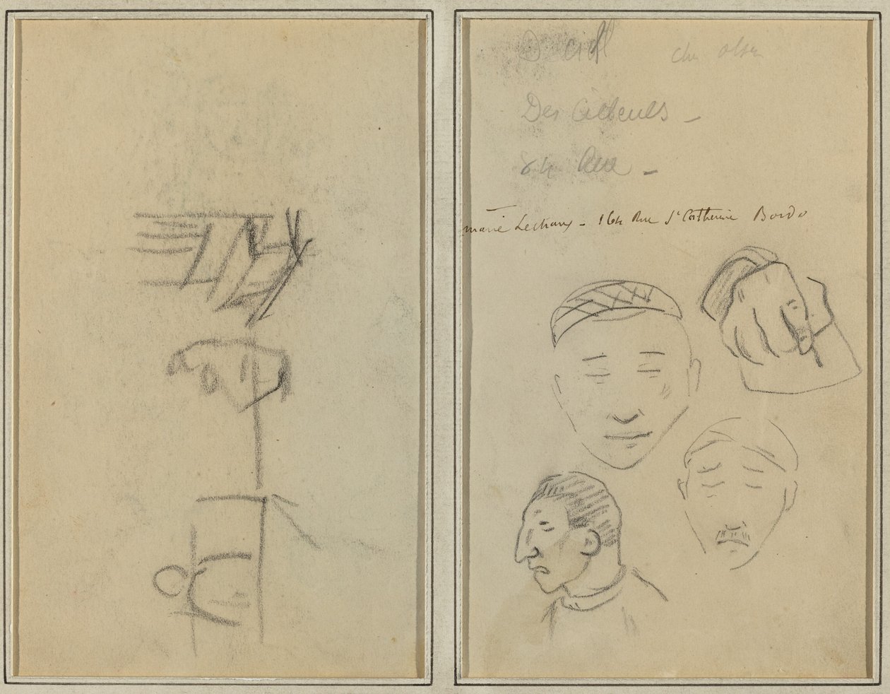 Duas Figuras e um Banco; Três estudos de cabeças masculinas e uma mão [reto] de Paul Gauguin