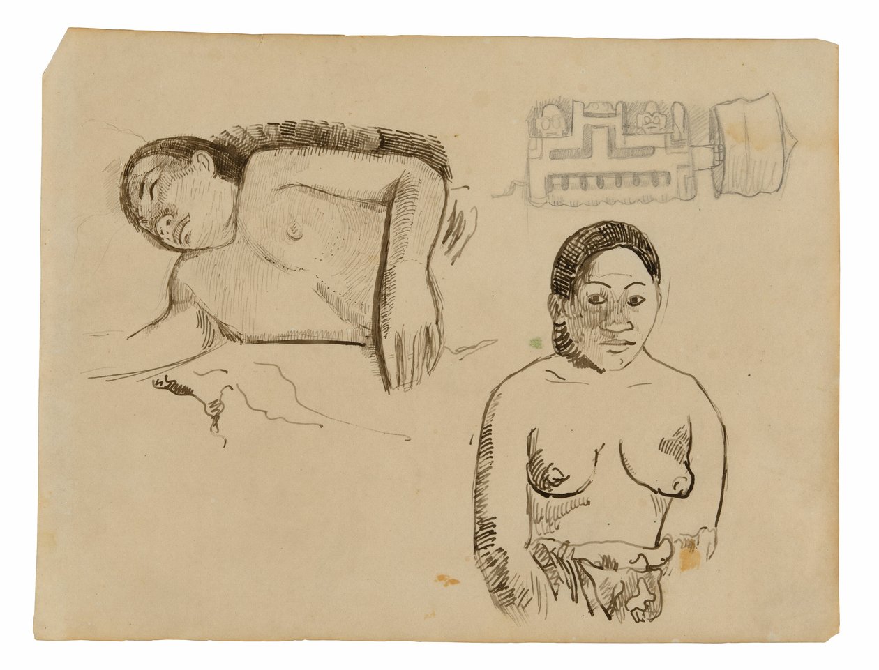 Duas mulheres taitianas e um tampão de ouvido marquesa de Paul Gauguin
