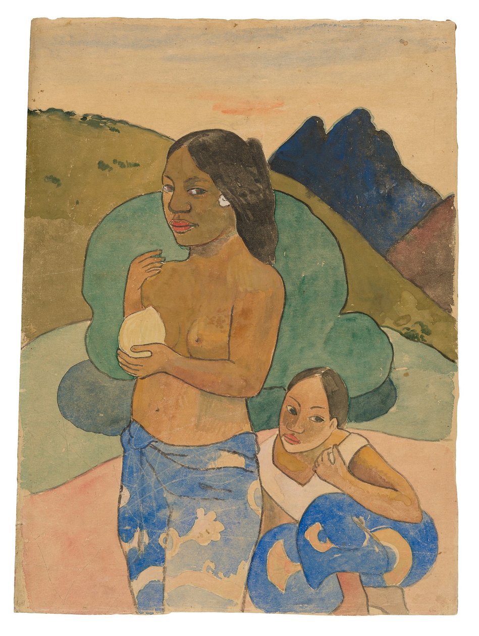 Duas mulheres taitianas em uma paisagem, c.1892 (aquarela e guache) de Paul Gauguin