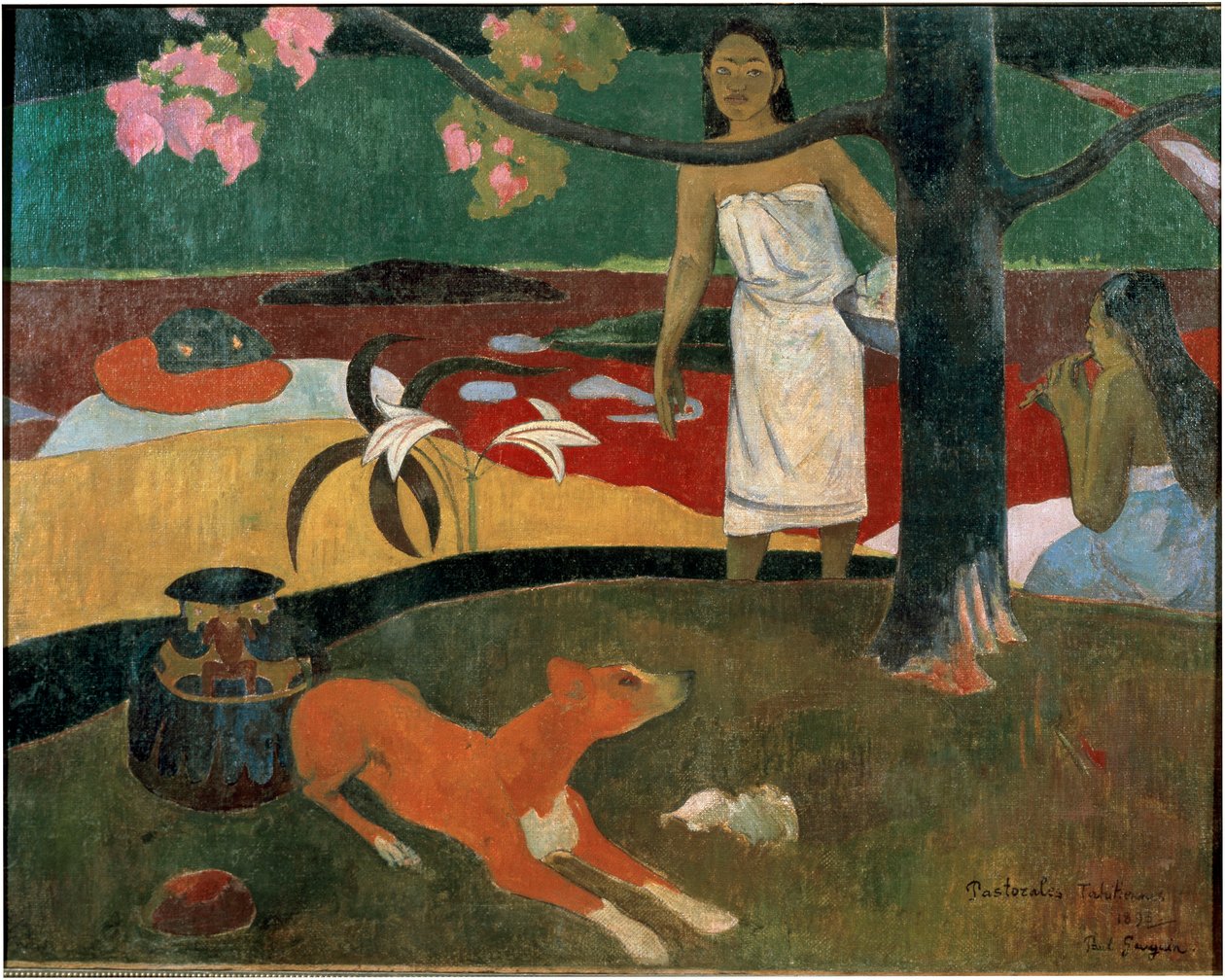 Duas mulheres taitianas e um cão. (Pastoral taitiana). Pintura de Paul Gauguin (1848-1903) de Paul Gauguin