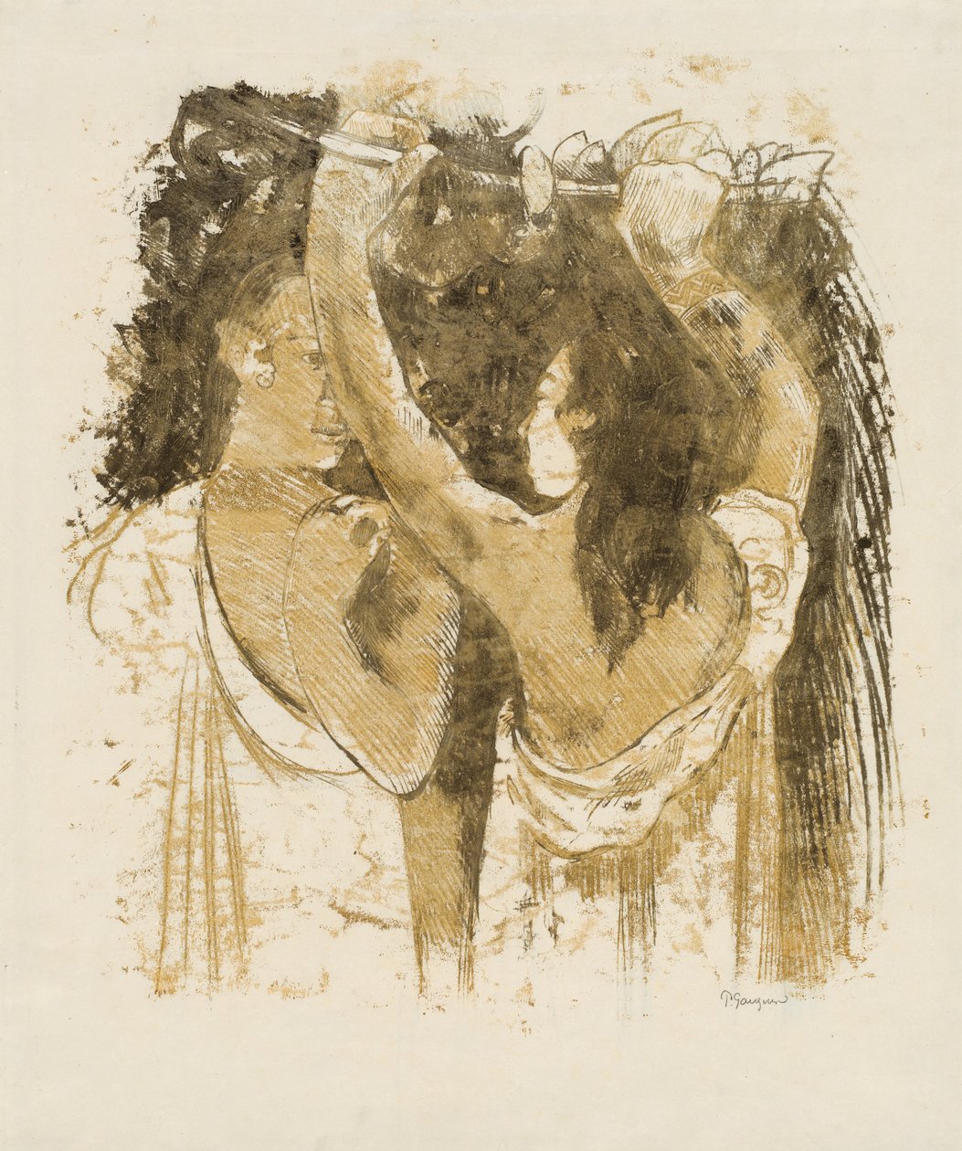 Dois taitianos colhendo frutas [reto] de Paul Gauguin