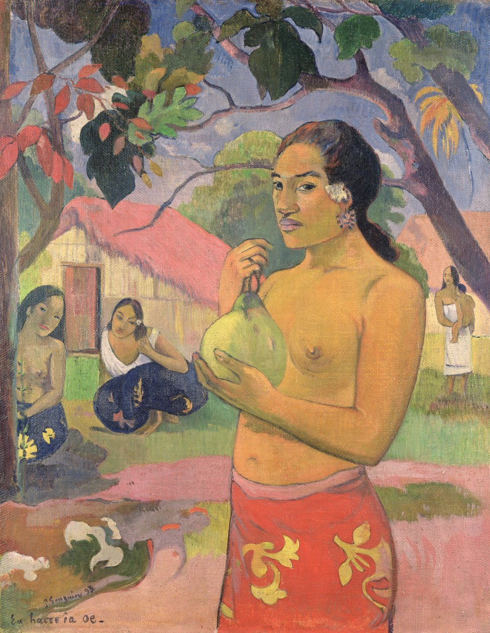 Mulher segurando uma fruta; Aonde Você Vai (Eu haere ia oe), 1893 (óleo sobre tela) de Paul Gauguin