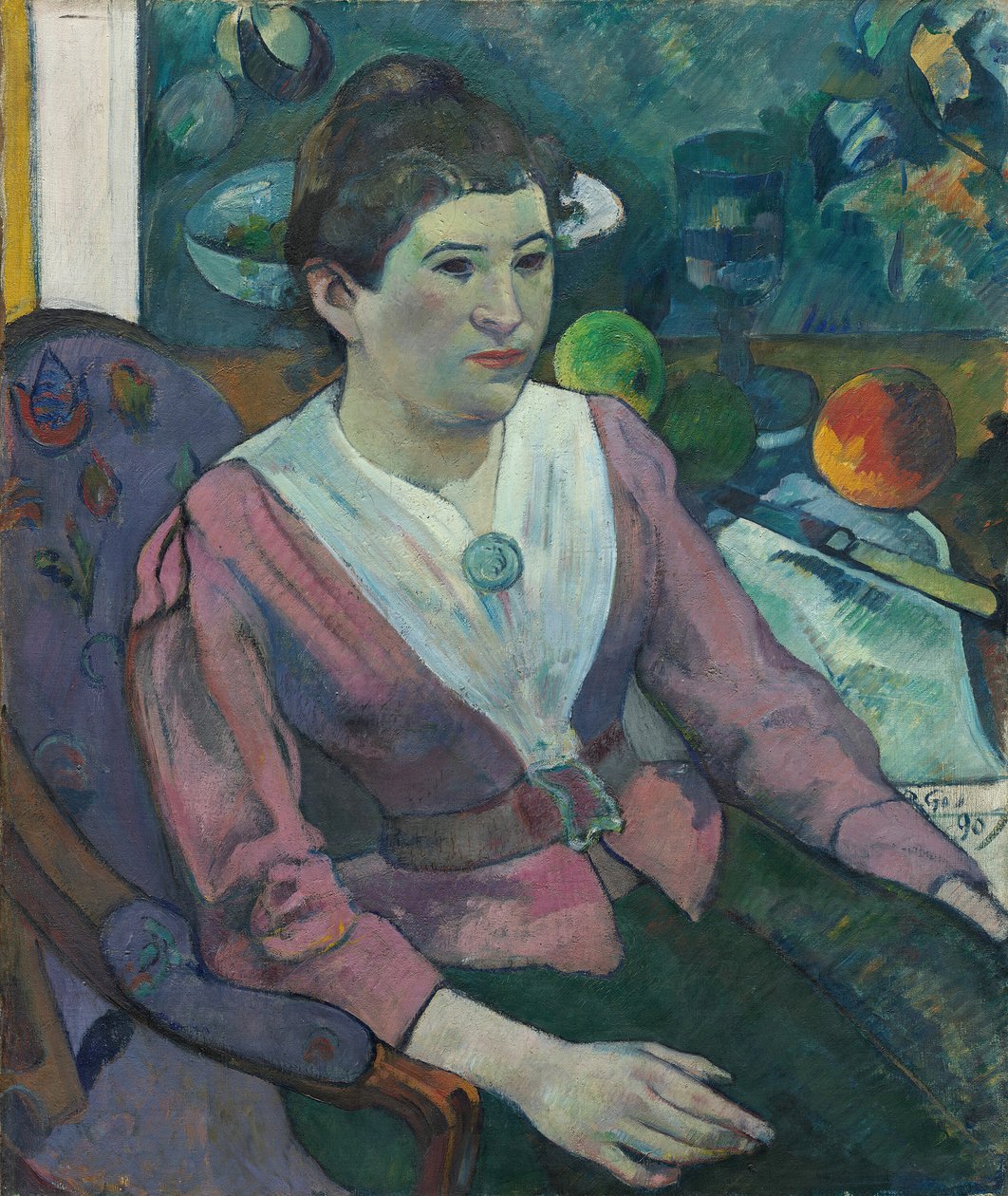 Mulher na frente de uma natureza morta de Cézanne, 1890. de Paul Gauguin