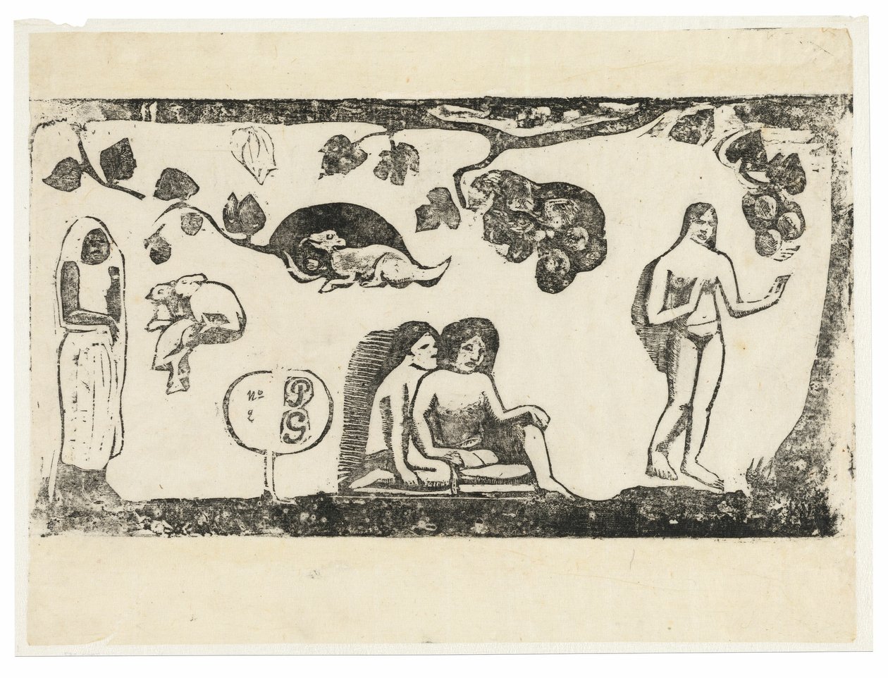 Mulheres, animais e folhagens, da suíte de gravuras tardias em bloco de madeira de Paul Gauguin