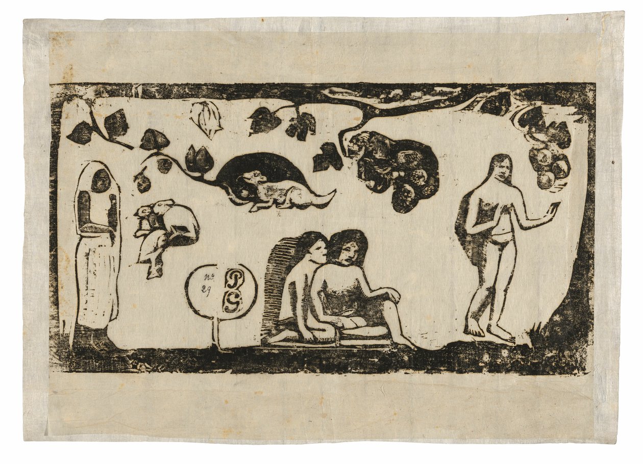 Mulheres, animais e folhagem, do conjunto de gravuras tardias em bloco de madeira de Paul Gauguin