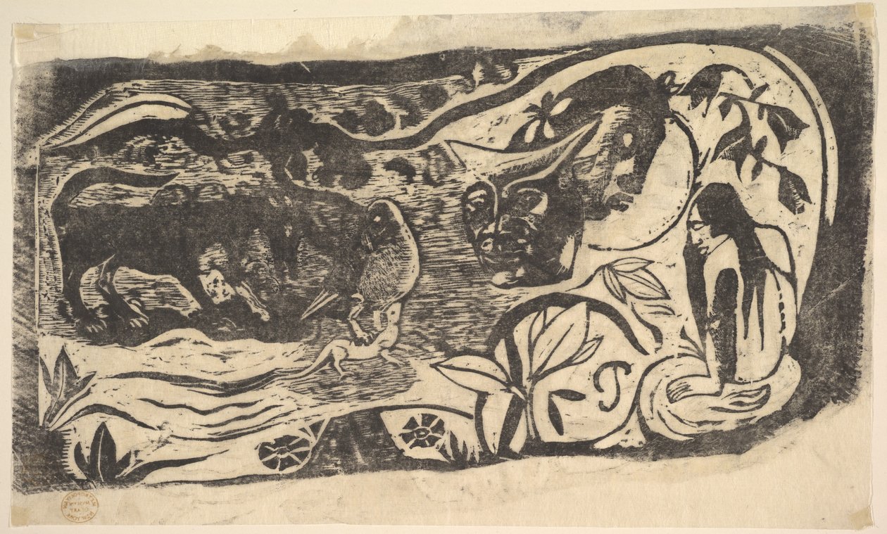 Xilogravura com uma cabeça com chifres, 1898-99. de Paul Gauguin