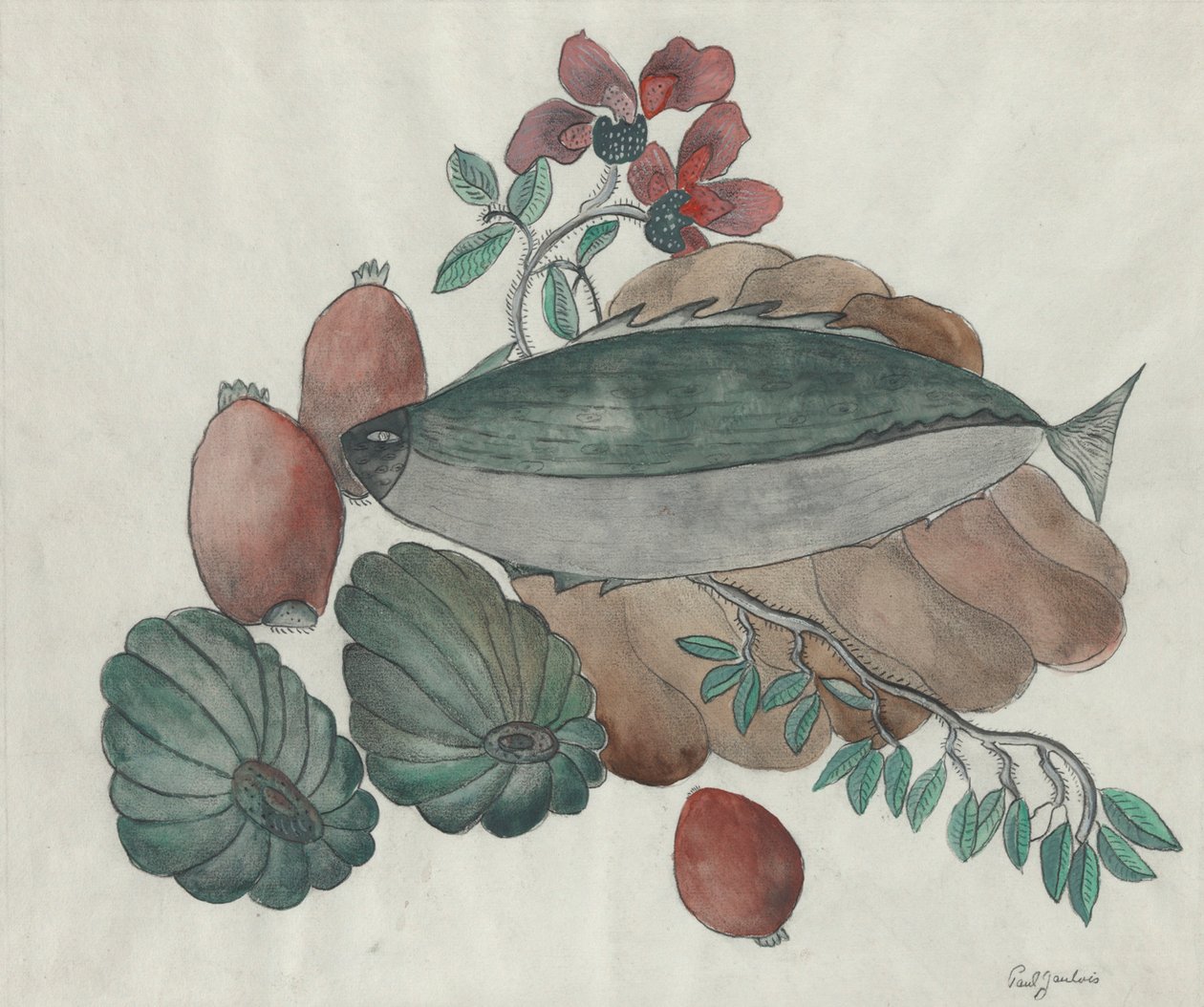 Natureza Morta: Peixes, Flores e Vegetais de Paul Gaulois