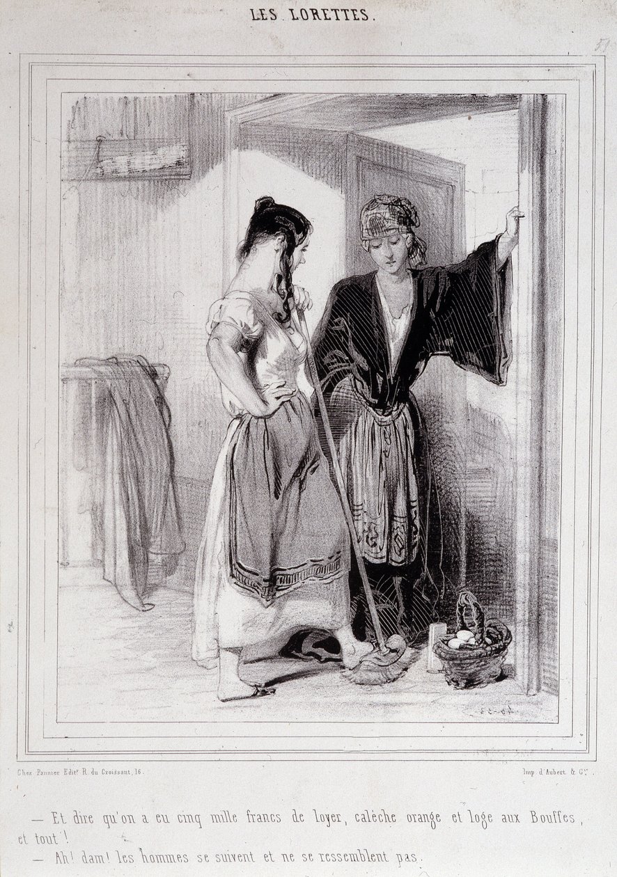 2 mulheres pobres em conversa nas escadas sobre homens, "Les Lorettes", Gavarni, c. 1840. de Paul Gavarni