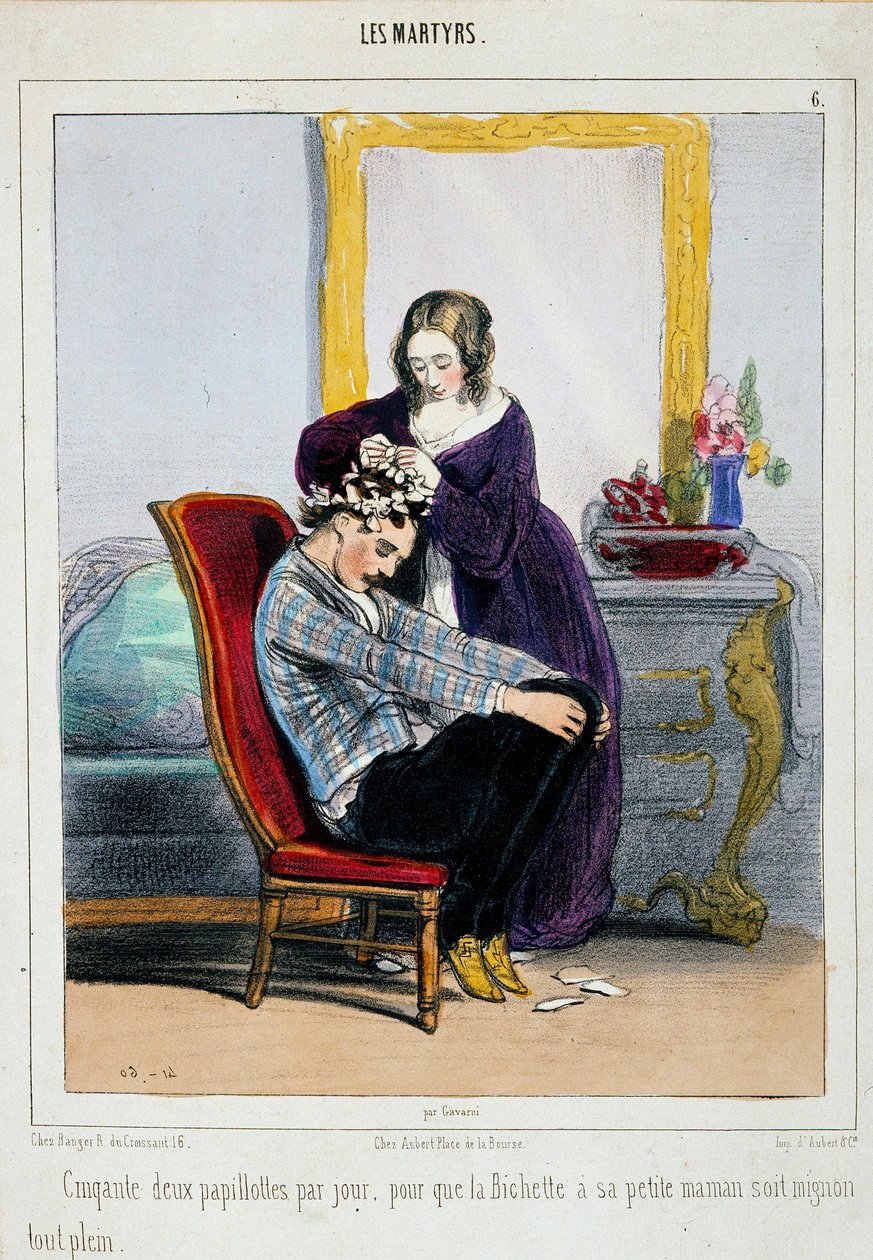 Uma mãe põe caracóis no seu filho. Cartoon de Paul Gavarni (1804-1866) Paris do século XIX, artes decorativas de Paul Gavarni