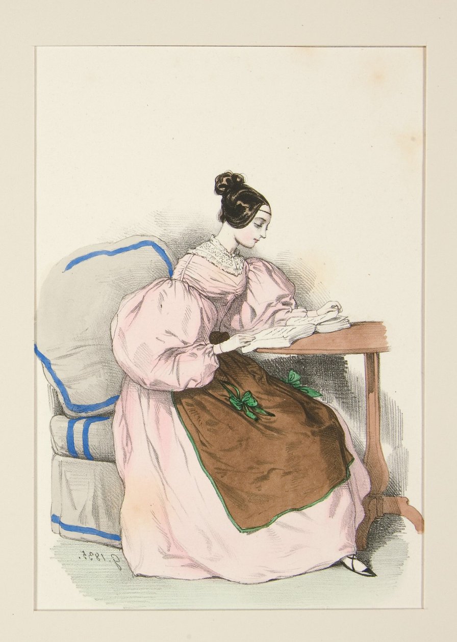EM CASA (Setembro de 1835) Vestido em batista da Escócia,... de Paul Gavarni