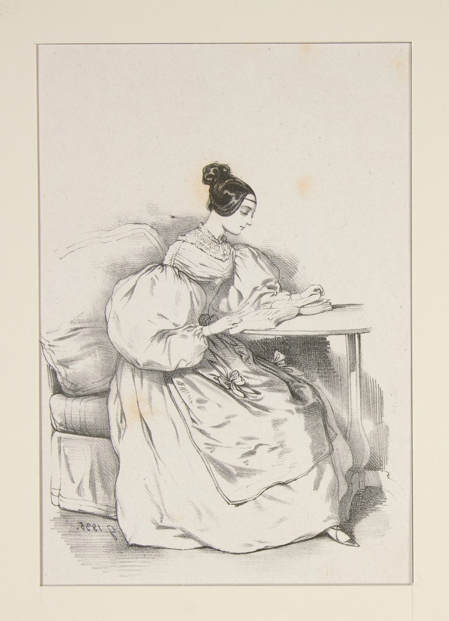 EM CASA. (Setembro de 1835) Vestido de cambraia escocesa,... de Paul Gavarni