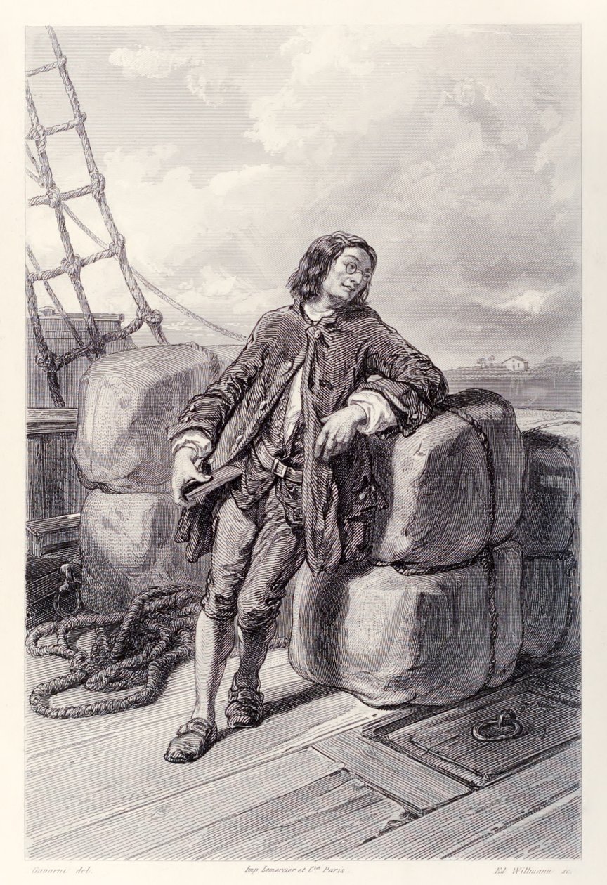 Capitão Lemuel Gulliver no mar em seu navio mercante, da edição francesa de Gullivers Travels por Jonathan Swift de Paul Gavarni