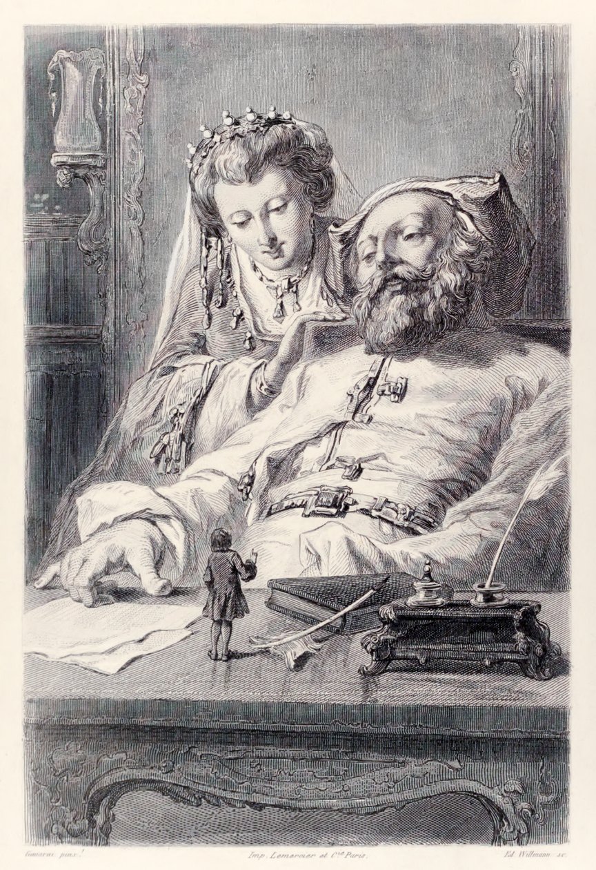 Frontispício da edição francesa de Gullivers Viagens por Jonathan SwiftEu respondi as perguntas dos Reis corretamente Gulliver e o Rei e a Rainha de Brobdingnag. de Paul Gavarni