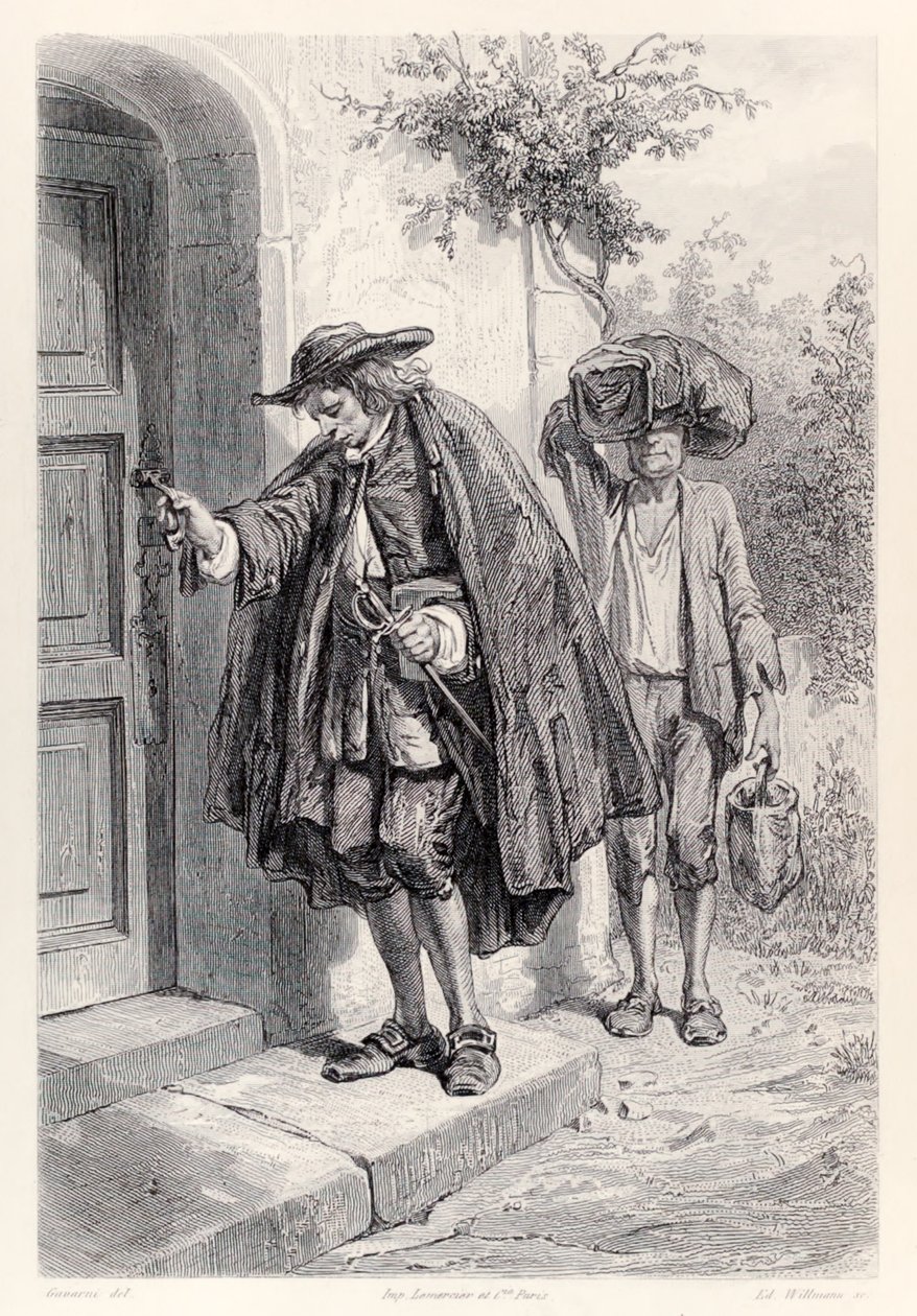 Gulliver chega em casa às três da tarde e entra na casa, da edição francesa de Gullivers Travels por Jonathan Swift de Paul Gavarni
