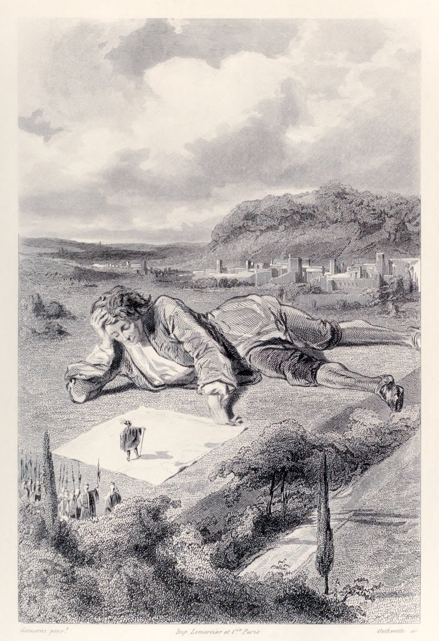 Gulliver tem uma audiência com o imperador de Lilliput, da edição francesa de Gullivers Travels por Jonathan Swift de Paul Gavarni