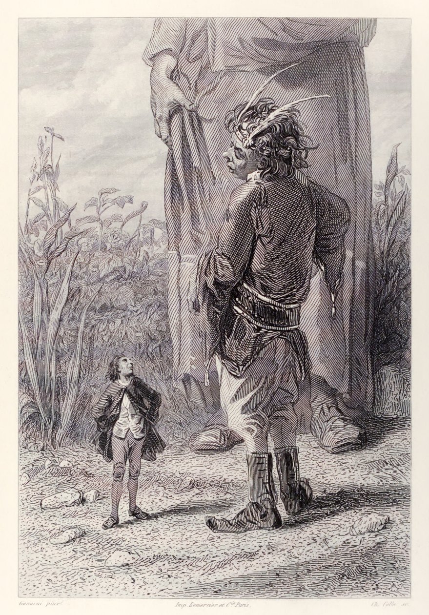 Gulliver conhece o anão Rainha de 30 pés de altura que tem o prazer de ter alguém no tribunal menor do que ele para atormentar, da edição francesa de Gullivers Travels por Jonathan Swift. de Paul Gavarni