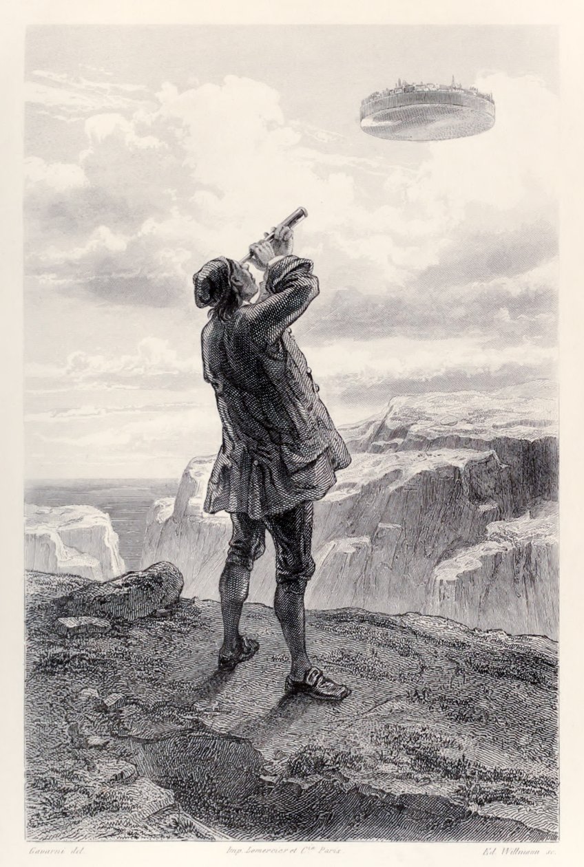 Gulliver vê a ilha voadora Laputa pela primeira vez, e a examina através de seu telescópio, da edição francesa de Gullivers Travels por Jonathan Swift de Paul Gavarni