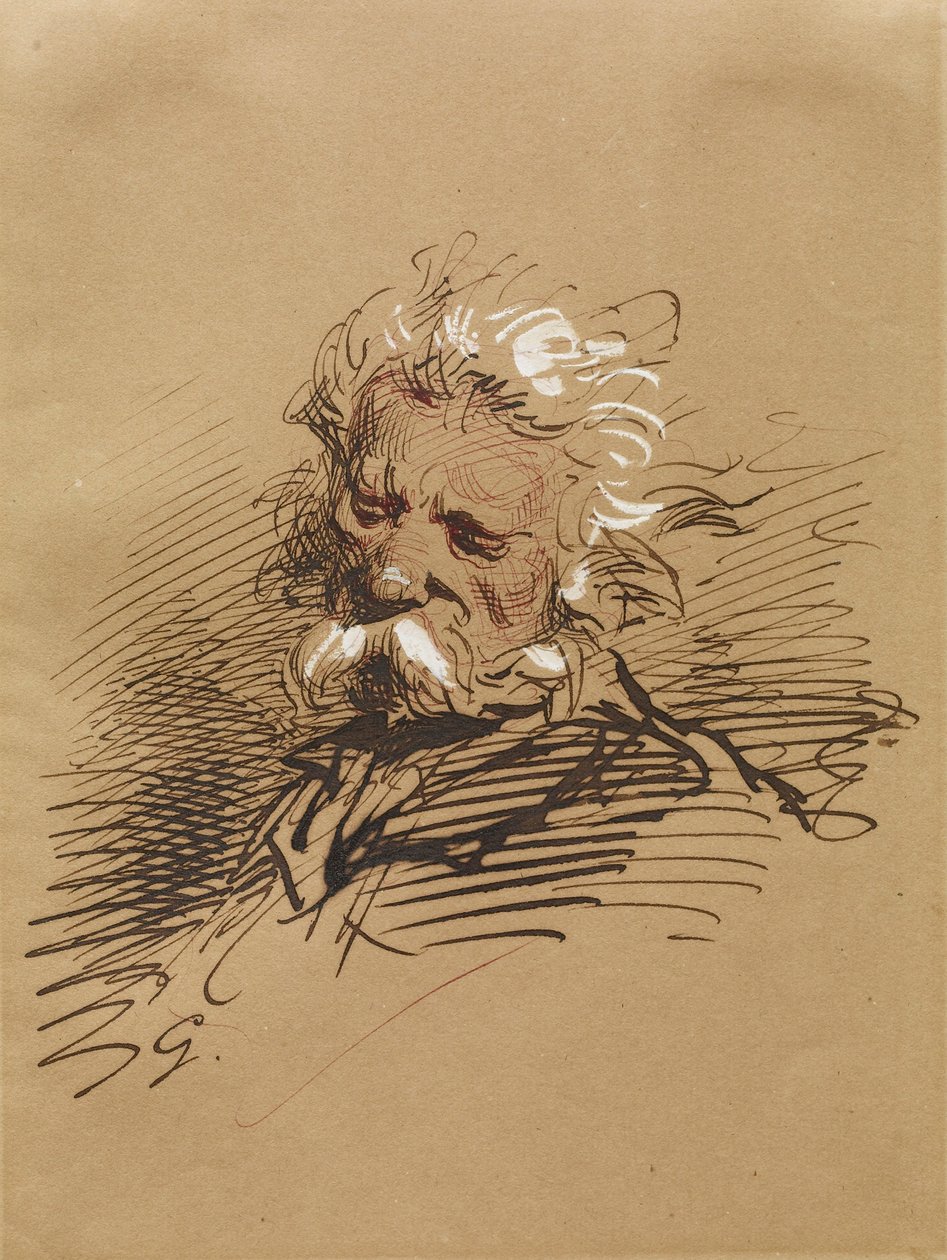 Cabeça de um homem velho, c.1857 (tinta aumentada com branco sobre papel) de Paul Gavarni