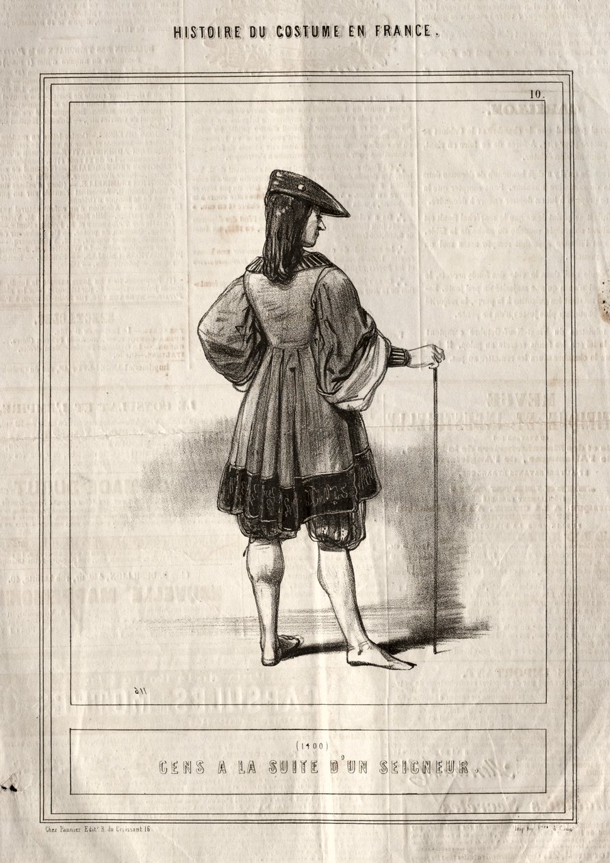 História do traje na França: pessoas seguindo um senhor, 1843. de Paul Gavarni