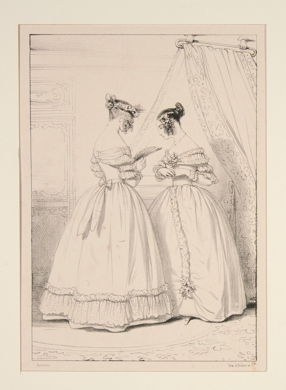 JANEIRO DE 1838. Vestido em crepe adornado com um folho de tule bouillonne. de Paul Gavarni