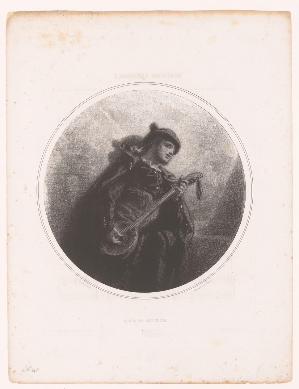 Homem com banjo canta e toca serenata Serenade Espagnole (título no objeto) Ilustrações para as músicas de Jeanne Gavarni (título da série) Ilustrações des Mélodies de Madame Jeanne Gavarni (título da série) de Paul Gavarni