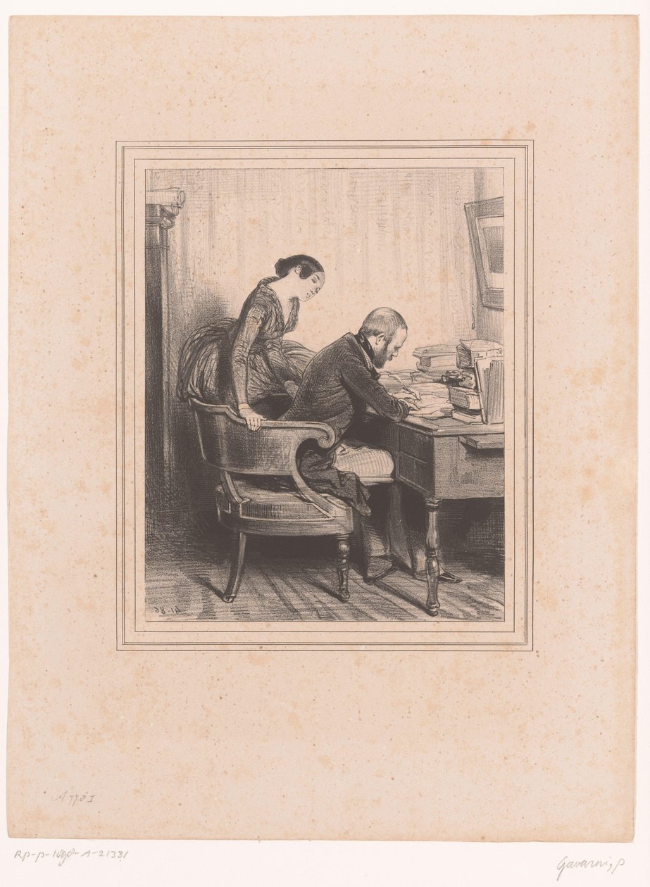 Marido escreve uma nota para sua esposa Au primeiro-ministro Janvier Prochain (...) Mulheres de Notre-Dame-de-Lorette em Paris (título da série) Les Lorettes (título da série) de Paul Gavarni