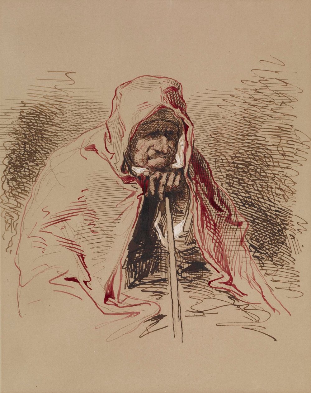 Senhora idosa com xaile vermelho de Paul Gavarni