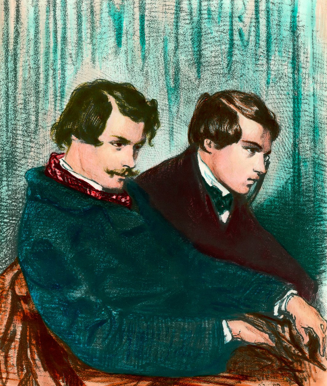 Retrato dos irmãos Edmond Goncourt (1822-1896) e Jules Goncourt (1830-1870), escritores. Desenho de Paul Gavarni (1804-1866) de Paul Gavarni