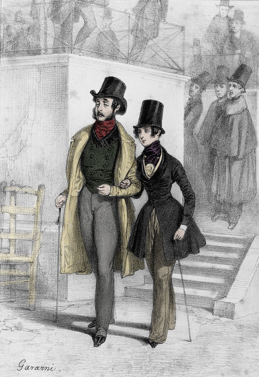 Retrato do escritor George Sand (1804-1876) Aurore Dupin, Baronne Dudevant, estudante em Paris, vestido com o menino Desenho de Paul Gavarni (1804-1866) de Paul Gavarni