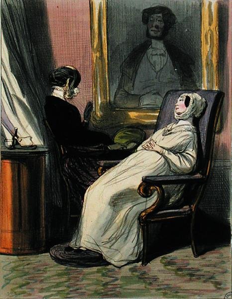 Mulher grávida com sua mãe (cor litho) de Paul Gavarni