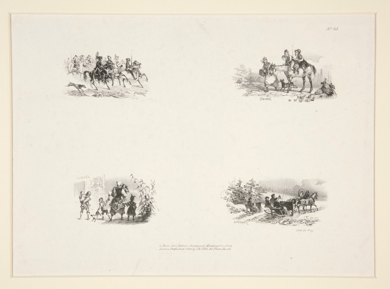 Quatro assuntos: Uma cavalgada; Quatro crianças; Uma mulher camponesa carregando uma criança pequena; Viajantes de Paul Gavarni