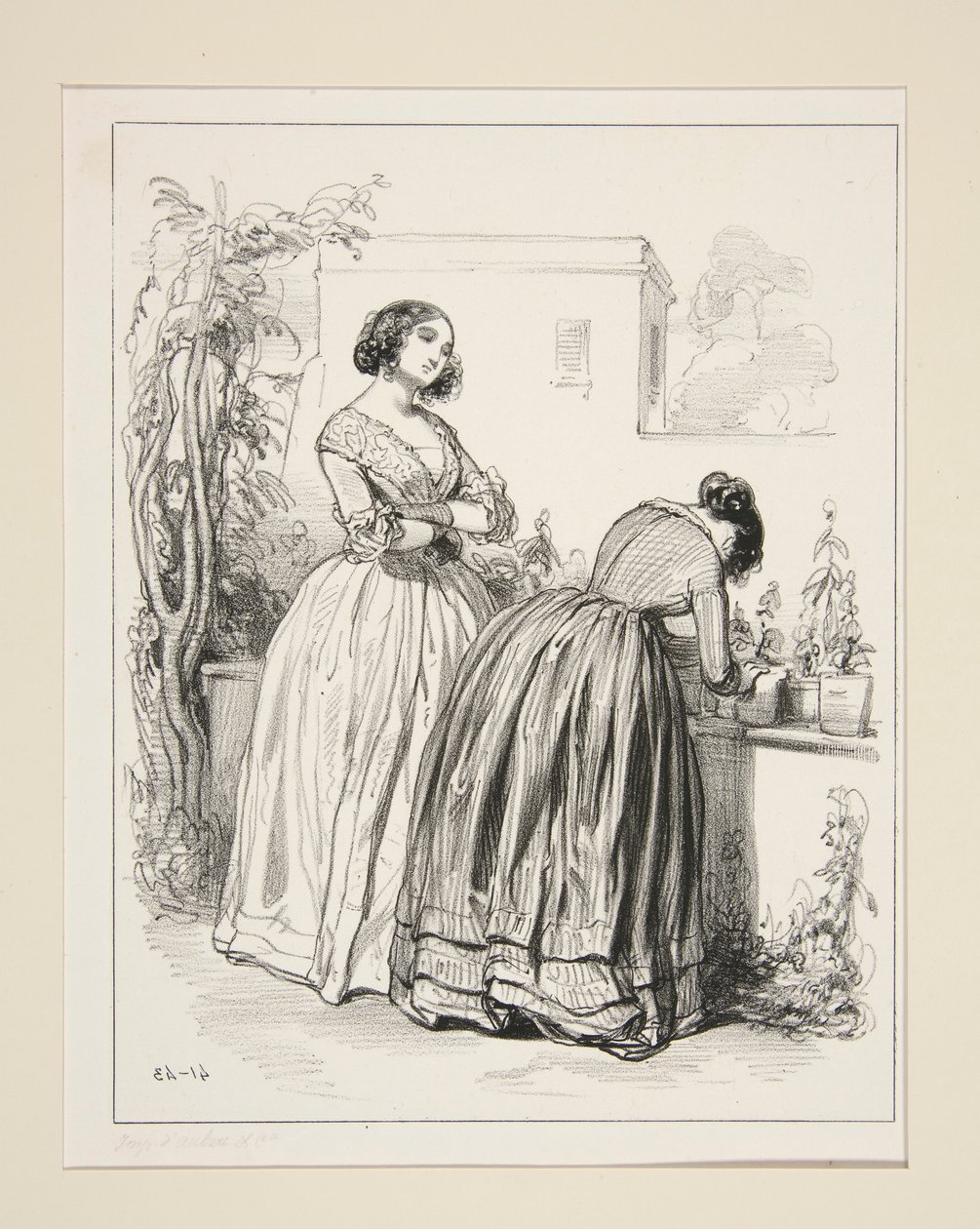 Vestido organdy, lenço liso, punhos e falbalas, de Paul Gavarni
