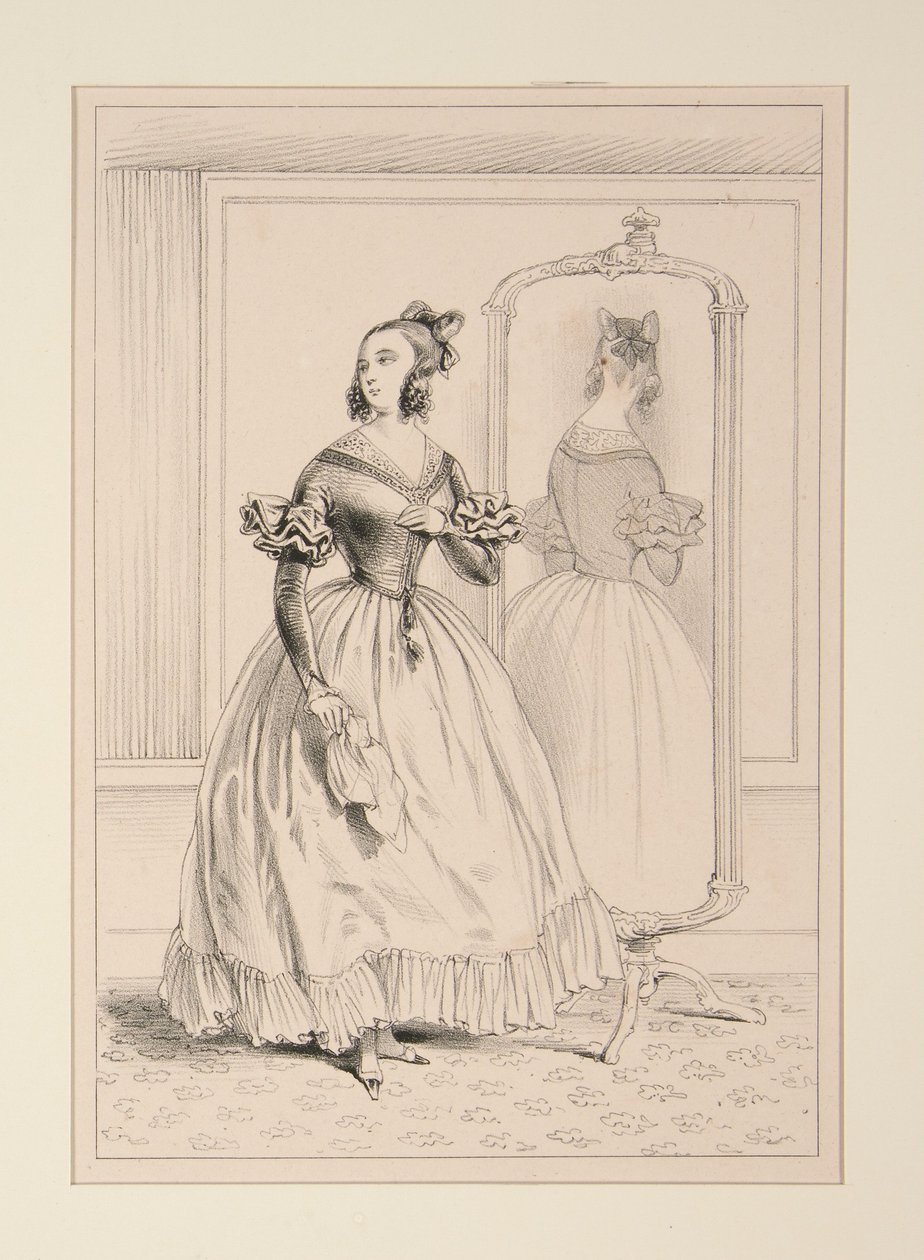 Vestido de popelina, spencer de veludo adornado com uma fita das lojas... (Vestido de popelina, spencer de veludo adornado com uma fita das lojas...) de Paul Gavarni