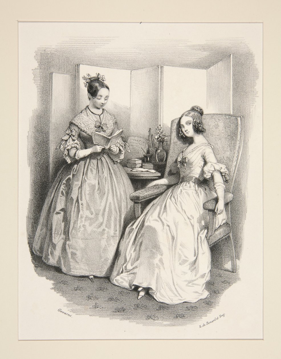 VESTUÁRIO DE NOITE. Vestidos de seda. Fitas de veludo. de Paul Gavarni