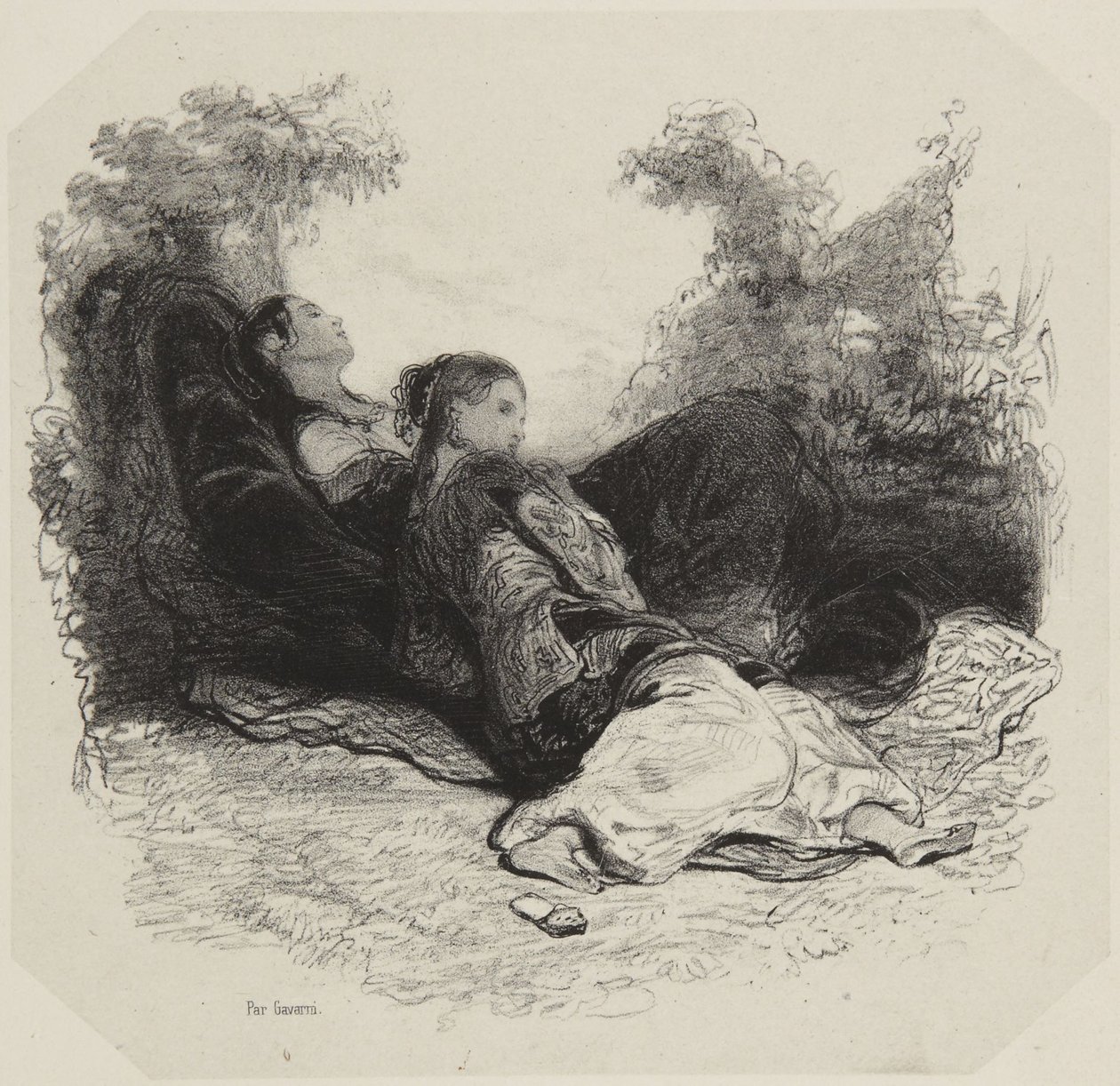 Duas mulheres a descansar no jardim de Paul Gavarni