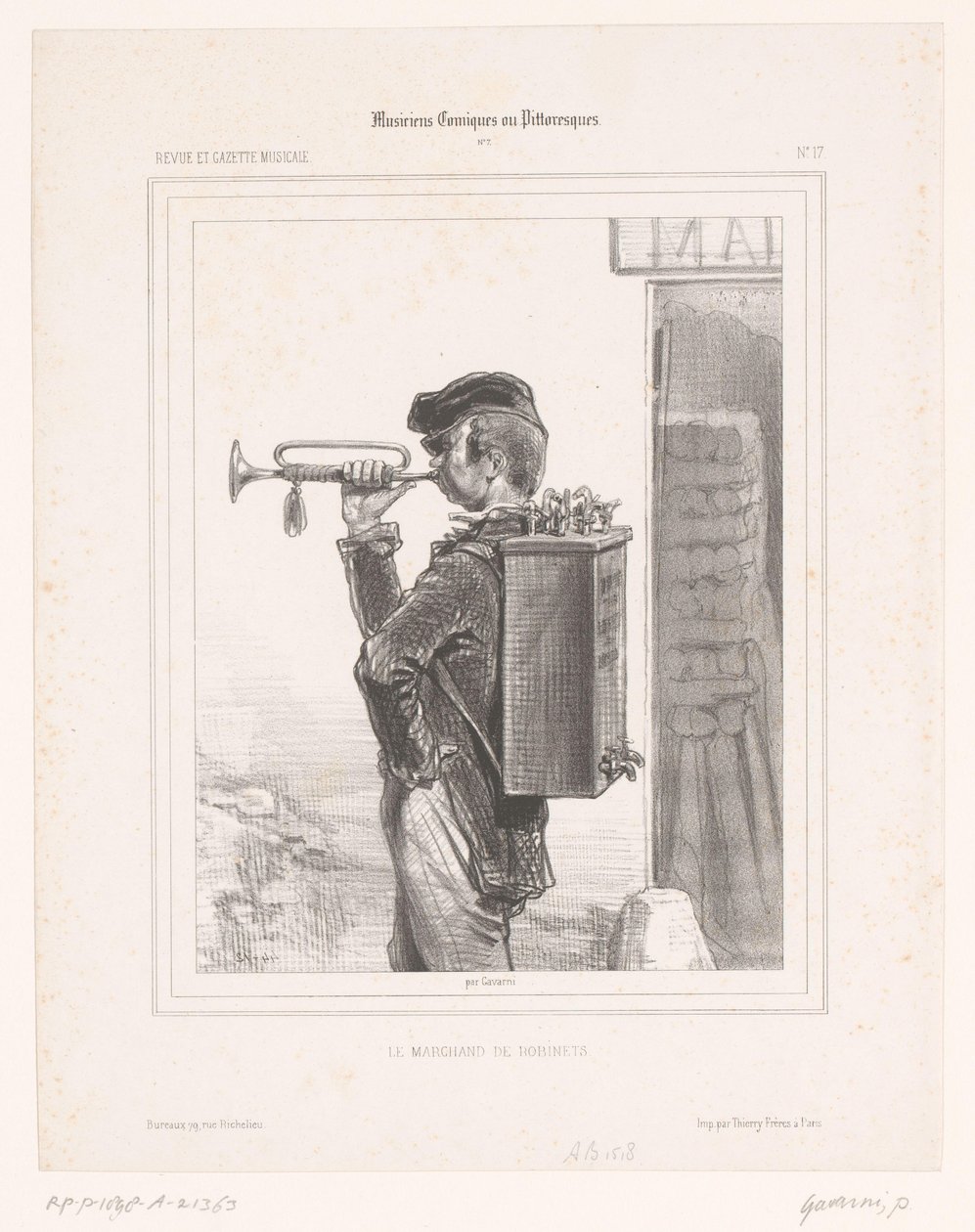 Vendedor de torneiras toca trompete Le marchand de robinets (título no objeto) Músicos de comédia (título da série) Músicos Comiques ou Pittoresques (título da série no objeto) de Paul Gavarni