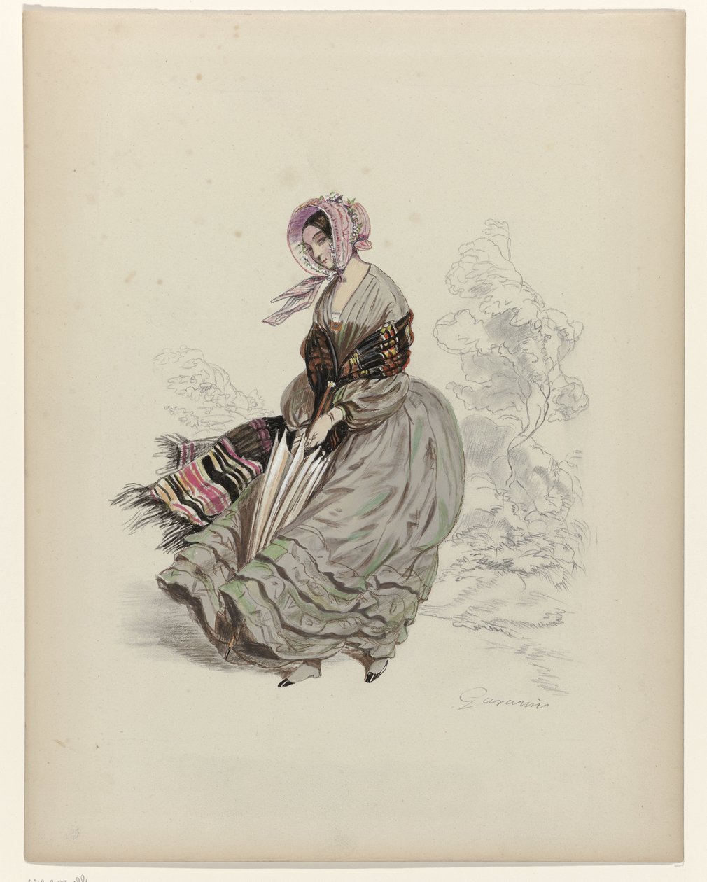 Mulher, caminhando ao vento, com guarda-sol, 1840 de Paul Gavarni