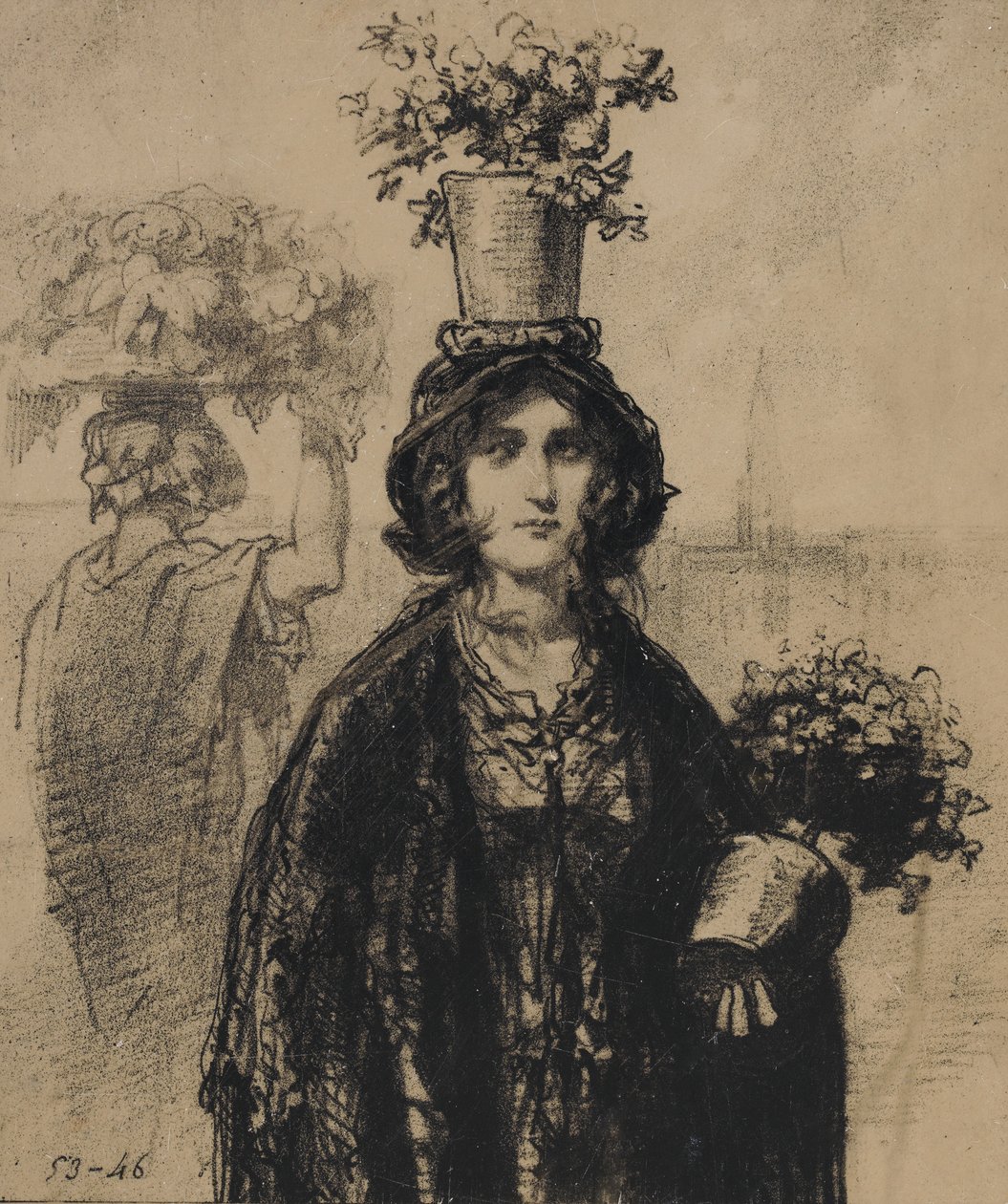 Estamos usando muitas flores nesta primavera, especialmente nos chapéus Fashionable Magazine, pla..., 1853. de Paul Gavarni