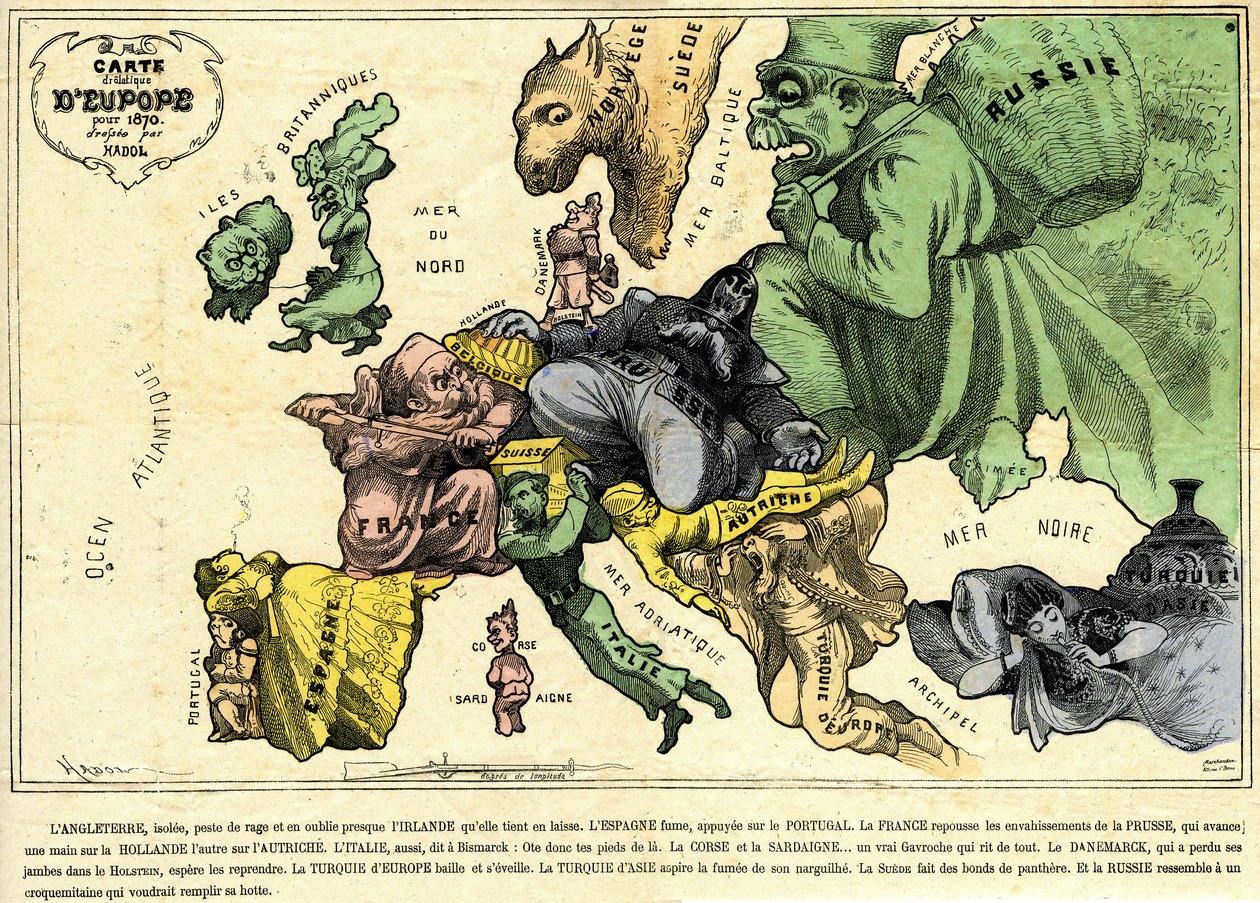 Mapa drolático da Europa para 1870 de Paul Hadol