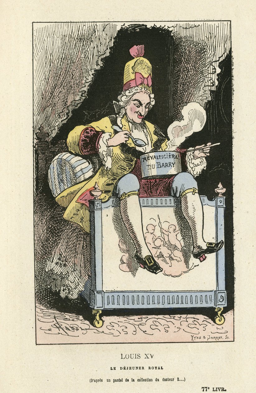 Ilustração de Hadol (1835-1875) em Histoire de France tintamarresque, ca. 1880 - Ancien régime - Du Barry Jeanne, Louis XV de Paul Hadol