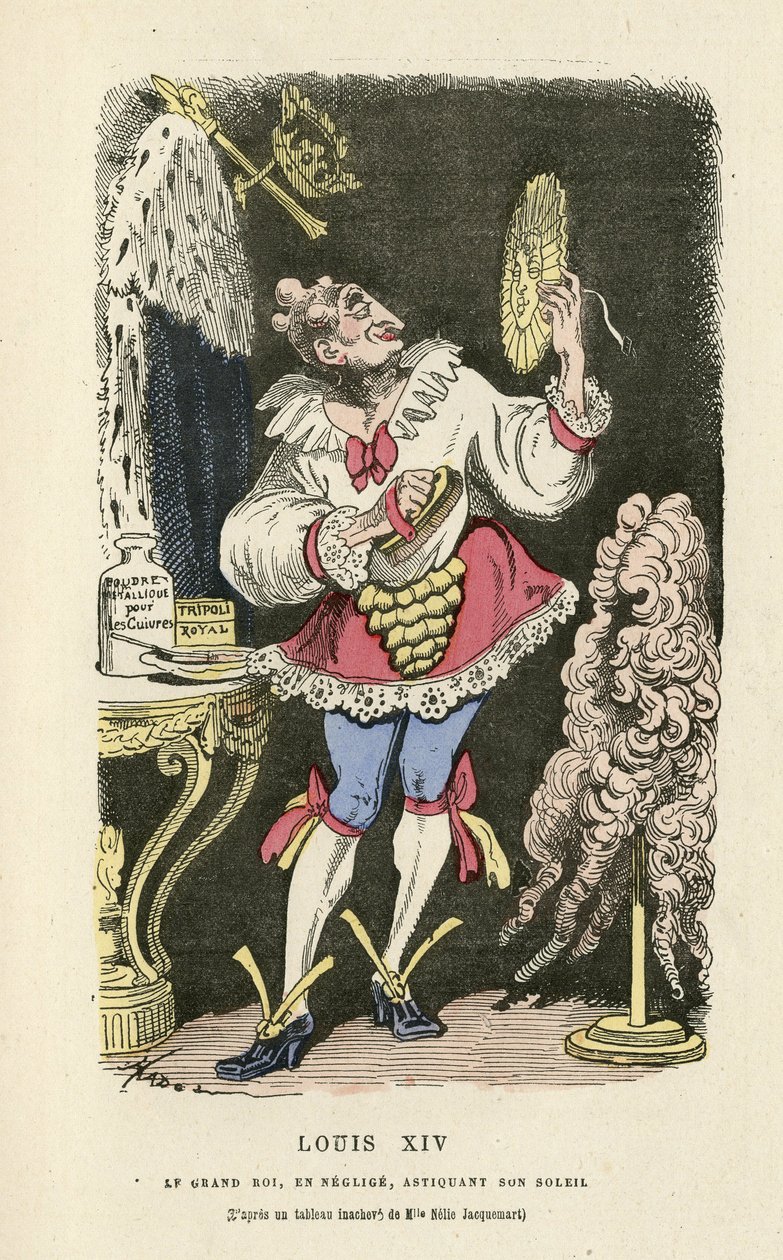Ilustração de Hadol (1835-1875) no Histoire de France tintamarresque, ca. 1880 - Maquilhagem, Regime Antigo, Solo, Peruca - Luís XIV de Paul Hadol