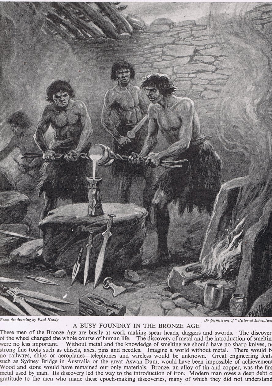 Uma Busy Foundry na Idade do Bronze, ilustração de "A História do Povo Britânico", c.1950 de Paul Hardy
