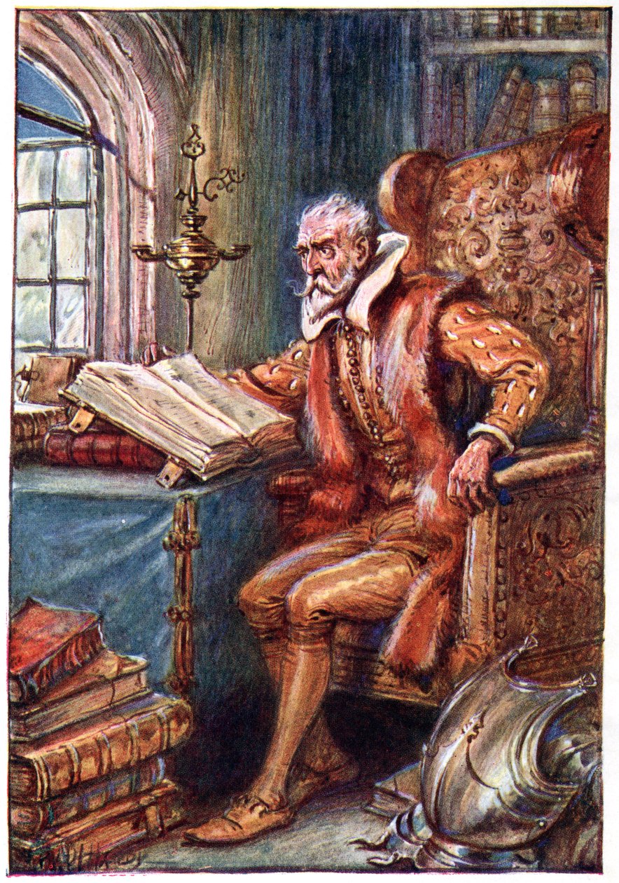Ele passou seu tempo lendo livros de erotismo cavaleiro, ilustração de "As Aventuras de Dom Quixote", publicado por G. Bell und Sons, Ltd., 1911 de Paul Hardy