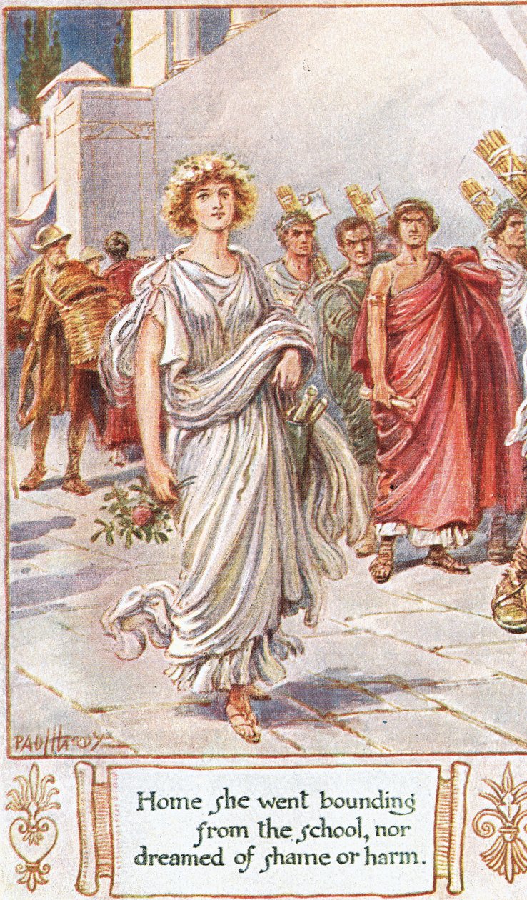Ir para casa, saltando da escola nem sonhando com vergonha ou dano, ilustração de &39;The Lays of Ancient Rome&39;, de Thomas Babington Macaulay de Paul Hardy